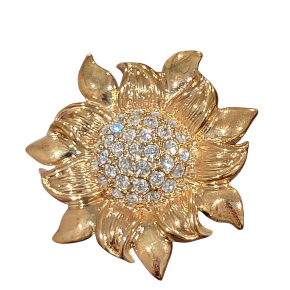 Roman Jewelry - Vintage Signed Roman Sunflower Gold tone and Rhinestone Brooch Pin
